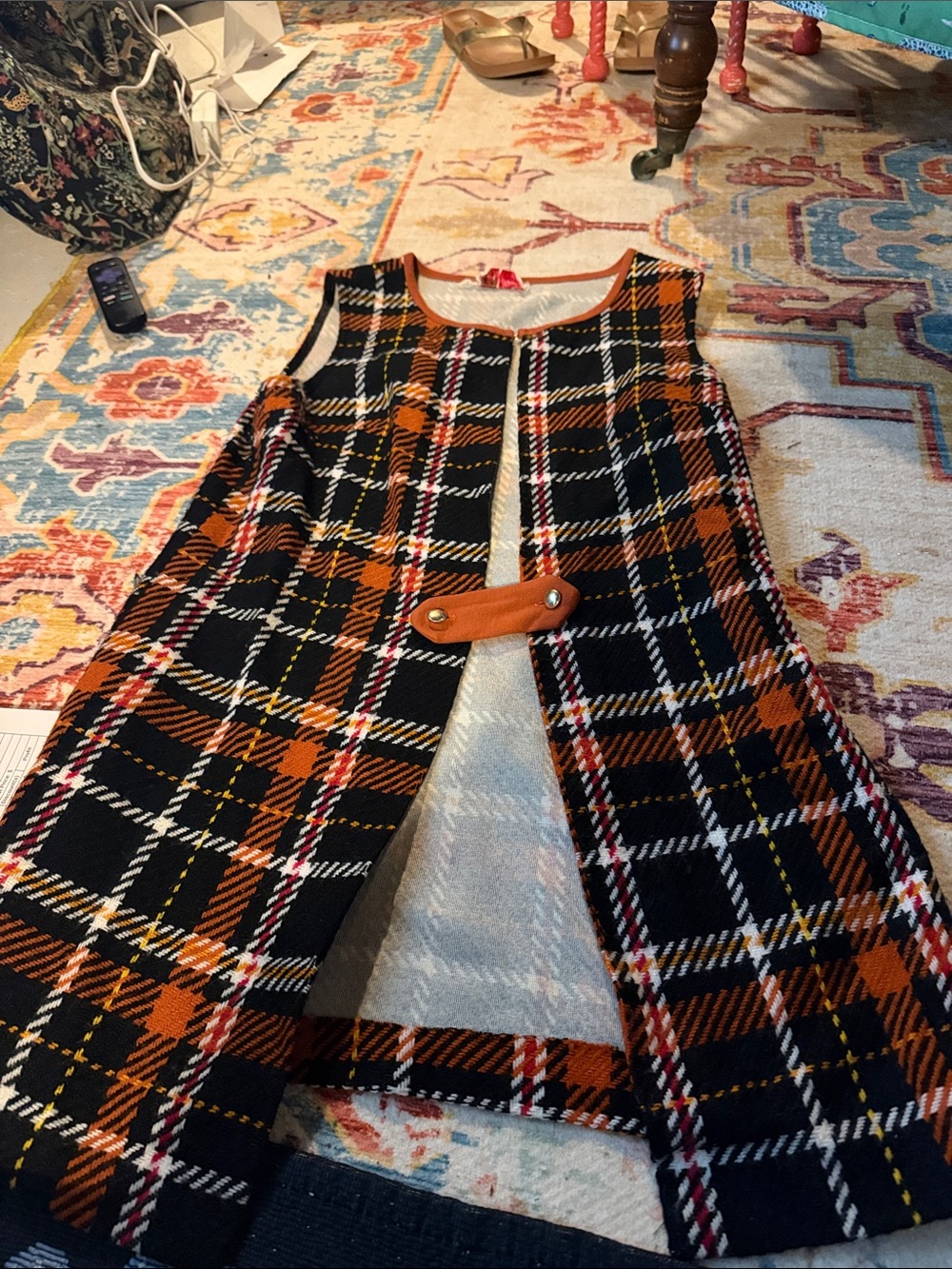 Vintage Plaid Sleeveless Tunic in Black and Orange